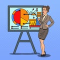 Pop Art Business Woman with Pointer Stick Presenting Business Chart