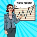 Pop Art Business Woman Pointing on Growth Graph. Business Presentation Royalty Free Stock Photo