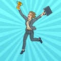Pop Art Business Woman Running with Golden Winner Cup Royalty Free Stock Photo