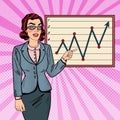 Pop Art Business Woman Showing on Growth Graph. Business Presentation Royalty Free Stock Photo