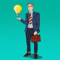 Pop Art Businessman with Creative Idea Light Bulb. Business Innovation Royalty Free Stock Photo