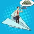 Pop Art Businessman Flying Paper Plane and Looking for Money in Spyglass Royalty Free Stock Photo