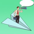 Pop Art Businessman Flying Paper Plane and Looking in Spyglass Royalty Free Stock Photo