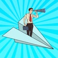 Pop Art Businessman Flying Paper Plane and Looking in Spyglass Royalty Free Stock Photo