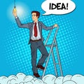 Pop Art Businessman with Ladder and Lightbulb Royalty Free Stock Photo