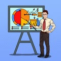 Pop Art Businessman with Pointer Stick Presenting Business Chart Royalty Free Stock Photo