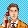 Pop art businessman talking on a retro phone and covering a microphone with his hand Royalty Free Stock Photo