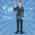 Pop Art Businessman Using Virtual Holographic Interface. Futuristic Technology Touchscreen Royalty Free Stock Photo