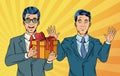 Pop art businessmen with giftbox cartoons