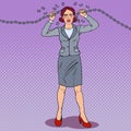 Pop Art Businesswoman Breaking Metal Chain. Strong Woman. Pressure on Work