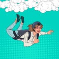 Pop Art Businesswoman Flying with Parachute. Happy Woman Parachutist. Skydiver in the Air