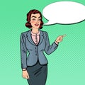 Pop Art Businesswoman Pointing on Copy Space. Business Presentation Royalty Free Stock Photo