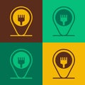 Pop art Cafe and restaurant location icon isolated on color background. Fork eatery sign inside pinpoint. Vector. Royalty Free Stock Photo