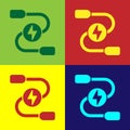 Pop art Car battery jumper power cable icon isolated on color background. Vector
