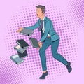 Pop Art Careless Businessman Dropping Folder Documents. Office Worker with Paper Files