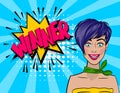 Pop art cartoon comic woman say winner Royalty Free Stock Photo