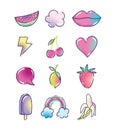 Pop art cartoon, halftone fashion retro fruits mouth heart rainbow ice cream icons Royalty Free Stock Photo