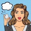 Pop art caucasian excited business woman with open mouth in suit texting on mobile phone, text bubble for your message