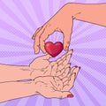 Pop Art Charity Organ Donation Concept. Hand Giving Heart. Health Care, Medicine Royalty Free Stock Photo