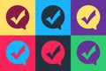 Pop art Check mark in circle icon isolated on color background. Choice button sign. Checkmark symbol. Speech bubble icon Royalty Free Stock Photo