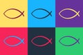 Pop art Christian fish symbol icon isolated on color background. Jesus fish symbol. Vector Royalty Free Stock Photo