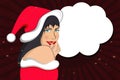 Pop art, Christmas face. Sexy joyful surprised woman in Santa Claus hat, speech bubble