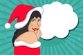 Pop art, Christmas face. Sexy joyful surprised woman in Santa Claus hat, speech bubble Royalty Free Stock Photo