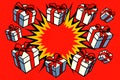 Pop Art Christmas Gifts Exploding on Red Background Royalty Free Stock Photo