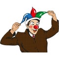 Pop art circus clown, comic joker businessman mask vector