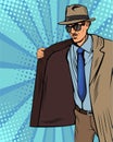 Pop art cloak-seller, bootlegger or smuggler in hat and coat is selling illegally on black market Royalty Free Stock Photo