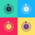 Pop art Clock with arrow icon isolated on color background. Time symbol. Clockwise rotation icon arrow and time. Vector Royalty Free Stock Photo