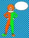 Pop art clown raster. Theater, circus, a woman in a jester costume. Text bubble. Vintage Background