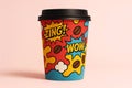 Pop art coffee cup with ZING and WOW text, bright colors, coffee beans, and comic design on pink background. Royalty Free Stock Photo
