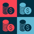 Pop art Coin money with dollar symbol icon isolated on color background. Banking currency sign. Cash symbol. Vector Royalty Free Stock Photo