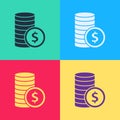 Pop art Coin money with dollar symbol icon isolated on color background. Banking currency sign. Cash symbol. Vector Royalty Free Stock Photo