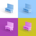 Pop art collage of 3D rendered bench with a hooked wall isolated on colorful backgrounds