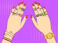 Pop art colored raster illustration. Hands of women in fashion jewelry, rings, jewelry, watches and Bijou. Imitation