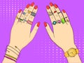 Pop art colored vector illustration. Hands of women in fashion jewelry, rings, jewelry, watches and Bijou. Imitation
