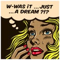 Pop art comic book doubtful wondering woman can`t tell reality from fantasy vector illustration