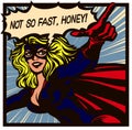 Pop art comic book style superheroine with pointing finger female superhero vector illustration Royalty Free Stock Photo