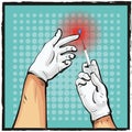 Pop art comic Doctor hand press syringe ready to inject shot vector illustration