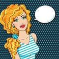 Pop Art Comic RedHead Woman with thinking cloud. Modern young summer girl smiling