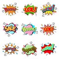 Pop art comic speech bubble boom effects vector explosion bang communication cloud fun humor illustration Royalty Free Stock Photo