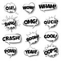Pop art comic speech bubbles. Retro cartoon talking shapes, text in black and white colors, sound effect halftone dot Royalty Free Stock Photo