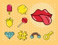 Pop art comic style, fashion patch badges with lips candy fruit, flat icons set Royalty Free Stock Photo