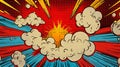 Pop art comic style pattern. Comic book style explosion with clouds, vibrant rays, radial lines and halftone dots on red