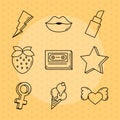 Pop art comic style, stickers fashion retro dotted background line icons set