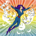 Pop art comic superwoman character in clouds and sun rays