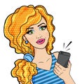 Pop Art Comic Woman on answering on phone Clipart isolated on white background. Girl with ringing mobile telephone, talking or tak Royalty Free Stock Photo