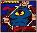 Pop-art comics style superhero ripping shirt and wearing costume vector poster